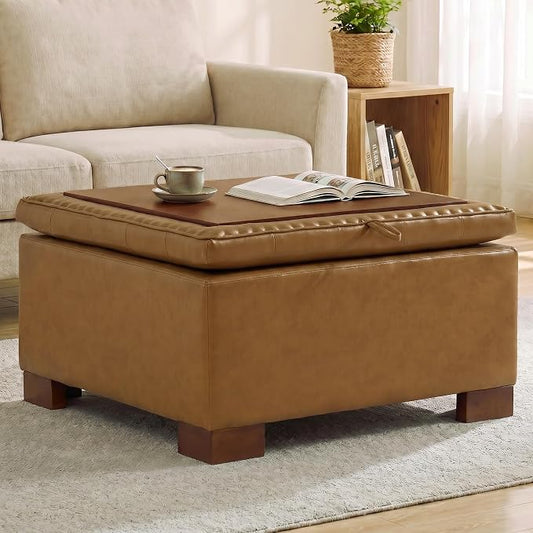 30 Inch Square Storage Ottoman Coffee Table, Modern Tufted Upholstered Ottoman with Flip Tray and Solid Wood Legs, Suitable for Living Rooms, Faux Leather Brown