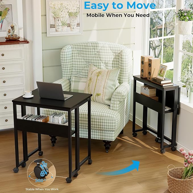 GreenForest Folding Desk with Wheels, 31.5 Inch Compact Rolling Computer Table with Storage Shelf, Portable Mobile Workstation for Small Spaces, Easy Assembly, Black
