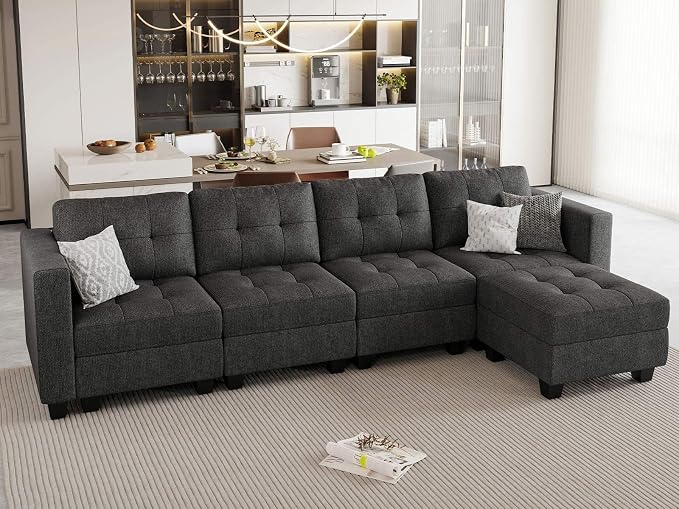 Belffin Convertible Modular Sectional Sofa Couch with Storage Seat L Shaped 4-Seat Sofa Couch with Reversible Chaise Modular Sectional Fabric Dark Grey