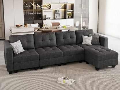 Belffin Convertible Modular Sectional Sofa Couch with Storage Seat L Shaped 4-Seat Sofa Couch with Reversible Chaise Modular Sectional Fabric Dark Grey