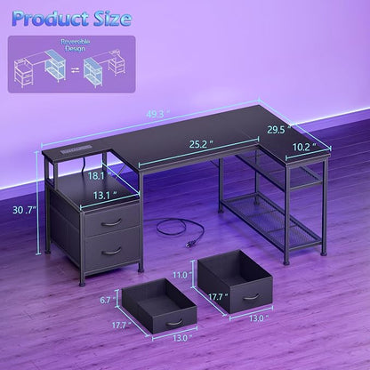 Korfile 49Inch L Shaped Gaming Desk with Power Outlets and Type-C Port, Reversible Computer Office Desk with 2 Fabric Drawers & Mesh Shelves, Corner Desk for Study Work Writing Desk, Black