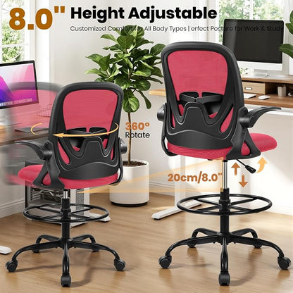 Primy Drafting Chair Tall Office Chair with Flip-up Armrests Executive Ergonomic Computer Standing Desk Chair with Lumbar Support and Adjustable Footrest Ring (Fire Brick)