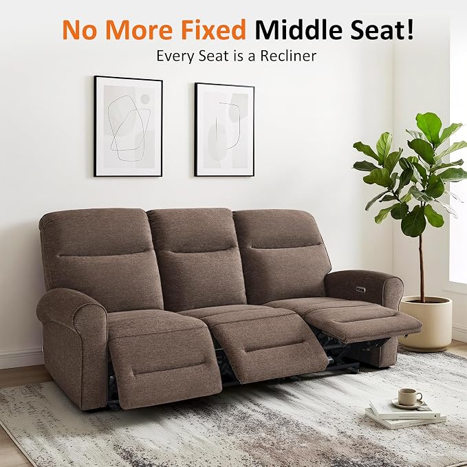MCombo 87.8" Wall Hugger Power Reclining Sofa, 3-Seat Triple Recliner Couch with USB Ports, Rolled Arm Space Saving Recliner Sofa for Living Rooms Apartments RV, Fabric PR635M5 (Dark Brown)
