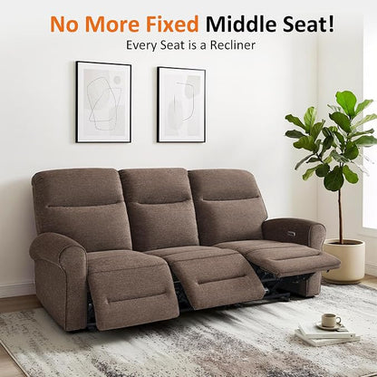 MCombo 87.8" Wall Hugger Power Reclining Sofa, 3-Seat Triple Recliner Couch with USB Ports, Rolled Arm Space Saving Recliner Sofa for Living Rooms Apartments RV, Fabric PR635M5 (Dark Brown)