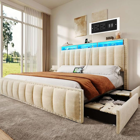 DWVO Full Size Bed Frame with 4 Storage Drawers and RGB LED Lights, Velvet Upholstered Platform Bed with Charging Station and Storage Headboard, No Box Spring Needed, Easy Assembly, Beige