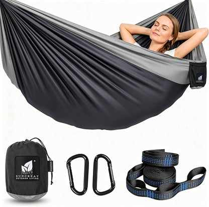 SUNCREAT Camping Hammock – up to 450lbs Portable Hammock with Tree Straps - Travel, Backpacking, Hiking, Black
