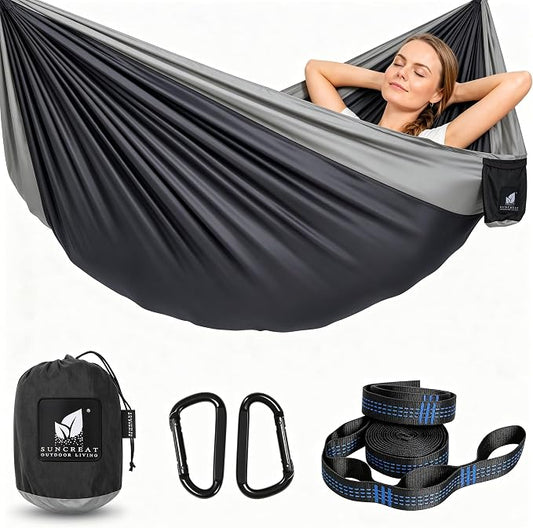 SUNCREAT Camping Hammock – up to 450lbs Portable Hammock with Tree Straps - Travel, Backpacking, Hiking, Black