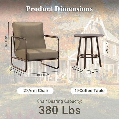 3 Pieces Aluminum Outdoor Patio Conversation Set, 6" Cushions & Coffee Table, All-Weather Rust-Resistant Frame for Porch Garden Backyard, Brown