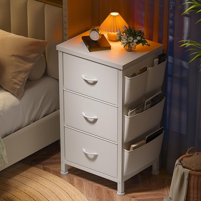 EnHomee Night Stand Set 2, Night Stand with Drawers for Bedroom, Bedside Table with Wooden Top, Sturdy Steel Frame End Table, Dorm Nightstand for Bedroom, Entryway, Hallway, Closet, Cloth Bags,White