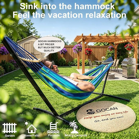GOCAN Double Hammock 2 Person Extra Large 220x160cm Total Length 330cm Load 500lb Canvas Cotton Hammock for Patio Porch Garden Backyard Lounging Outdoor and Indoor with Removable Spreader bar