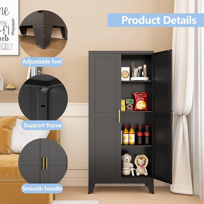 Black Metal Storage Cabinet, 48" Steel Cabinets for Home Office | Kitchen Pantry Storage Cabinet with Doors and 3 Adjustable Shelves, for Office, Home, Garage, School