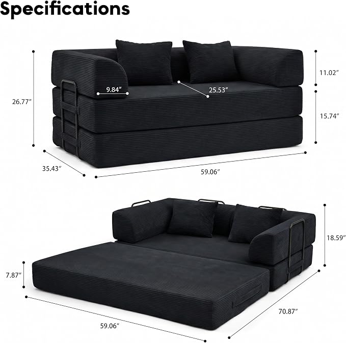 ZEIINPA 59“ Convertible Floor Sofa Bed, 5-in-1 Futon Sofa Bed Modular Sleeper Couch, Corduroy Pull Out Loveseat with Curved Armrest, Boneless Couches for Living Room, No Assembly Required, Black
