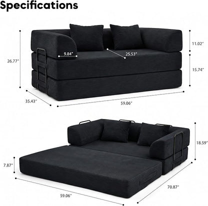 ZEIINPA 59“ Convertible Floor Sofa Bed, 5-in-1 Futon Sofa Bed Modular Sleeper Couch, Corduroy Pull Out Loveseat with Curved Armrest, Boneless Couches for Living Room, No Assembly Required, Black