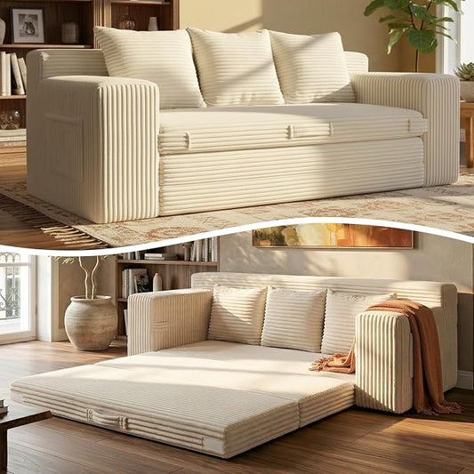 Boneless Couch Sofa Bed, 70'' Convertible Tri-Folding Futon Sleeper with Handle & Side Pockets, Pull Out Couch Bed with Hook and Loop No Assembly for Small Space,Living Room & Bedroom