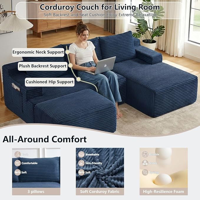 96" Cloud Sectional Couch U-Shaped Chaise with Ottoman, Corduroy Boneless Couch for Living Room Bedroom, Deep-Seat Upholstered Modular Cloud Sofa, No Assembly Required (Blue, Right Facing Chaise)