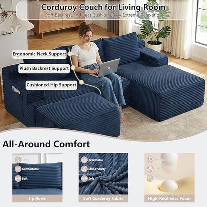 96" Cloud Sectional Couch U-Shaped Chaise with Ottoman, Corduroy Boneless Couch for Living Room Bedroom, Deep-Seat Upholstered Modular Cloud Sofa, No Assembly Required (Blue, Right Facing Chaise)