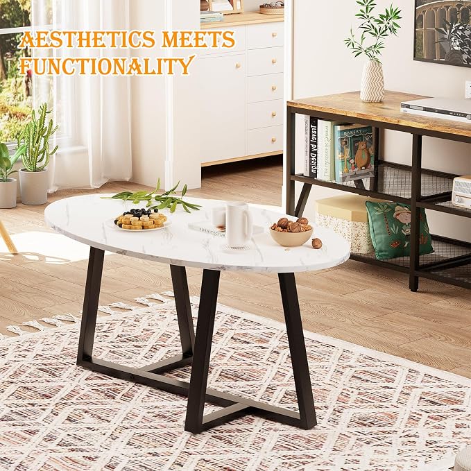 Wolawu Coffee Table Small Oval Table,White Faux Marble Table for Living Room, Modern Center Tea Tables for Small Space,Wooden Tables End Tables with Sturdy Black Metal Leg