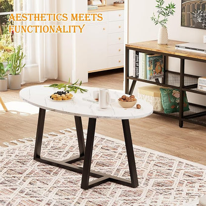 Wolawu Coffee Table Small Oval Table,White Faux Marble Table for Living Room, Modern Center Tea Tables for Small Space,Wooden Tables End Tables with Sturdy Black Metal Leg