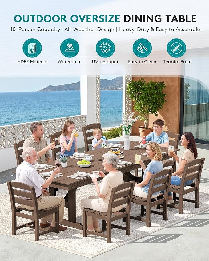 SERWALL 9 Piece 84" HDPE Outdoor Dining Set for 8 with Armless Chairs and Umbrelle Hole, Brown
