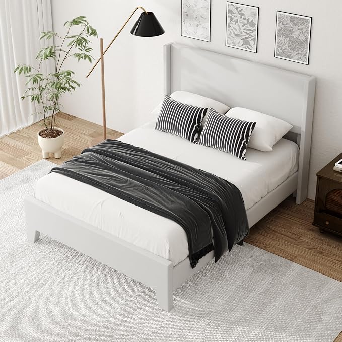 Full Size Bed Frame with Faux Leather Upholstered Headboard, Wear-Resistant, Easy Clean, Mattress Foundation, No Box Spring Required, Easy Assembly, Grey