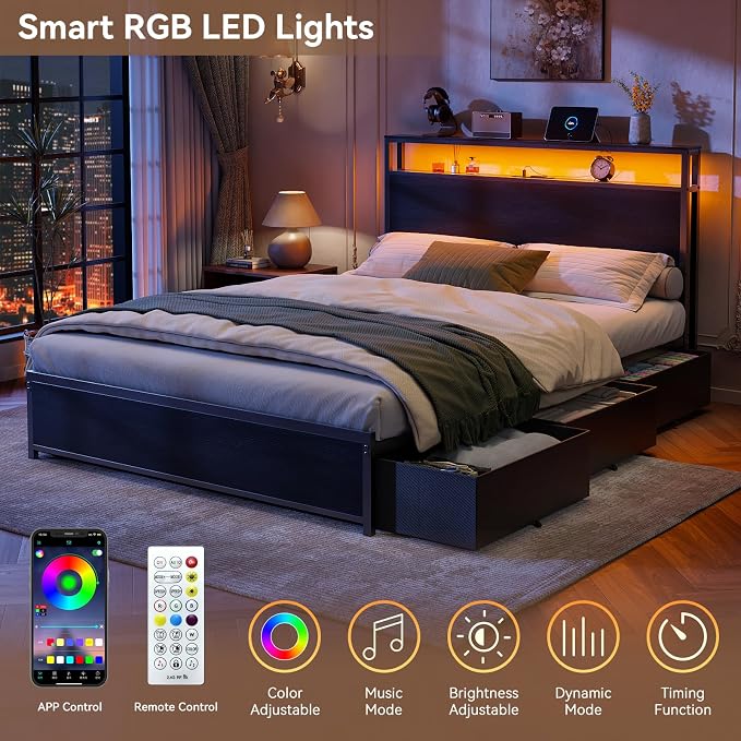 Forestell Full Size Bed Frame with Storage Headboard & 6 Drawers, Metal Platform Bed Frame with LED Lights & Charging Station, 2 Tier Shelf Storage Bedframe, No Box Spring Needed, Noise Free, Black