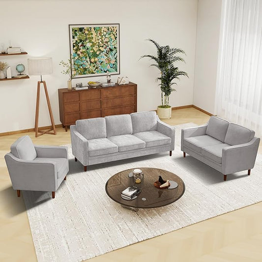 Kingfun 3-Piece Sofa Set for Living Room, Mid Century Modern Couch with Loveseat and Chair, Chenille, Solid Wood Frame