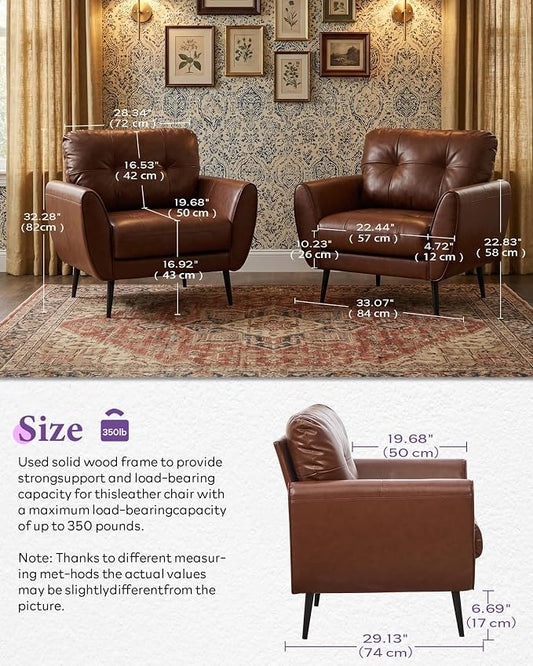 TYBOATLE Accent Chairs Set of 2, Comfy Modern Living Room Brown Leather Reading Accent Chairs Tufted Mid Century Arm Chair Small Salon Chair for Office Bedroom (2, Brown)