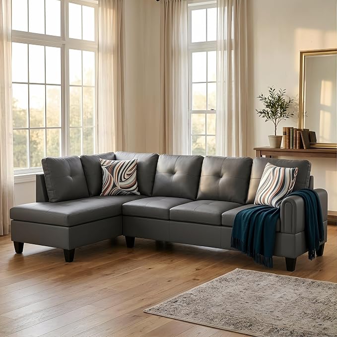 L-Shaped Sectional Sofa, Modern 4-Seat Couch with Left Facing Chaise, Leather Sectional Couch for Living Room, Apartment, Office, Dark Grey