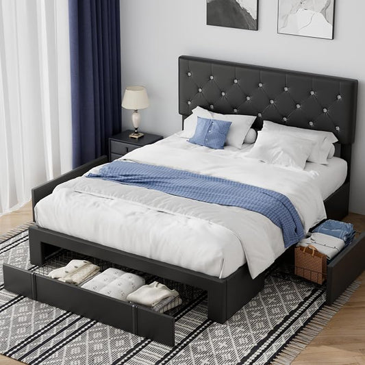VECELO Full Size Bed Frame with 3 Storage Drawers, Leather Upholstered with Diamond Tufted Headboard, Solid Wood Slat Support & Steel Framework, Black
