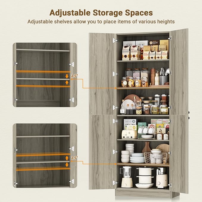 Cyclysio 80" Kitchen Pantry, Extra Tall Arch Storage Cabinet with 8 Soft Close Doors and Adjustable Shelves, Freestanding Wood Cupboard with Seamless Fit Wall for Dining Living Room Bathroom Furniture