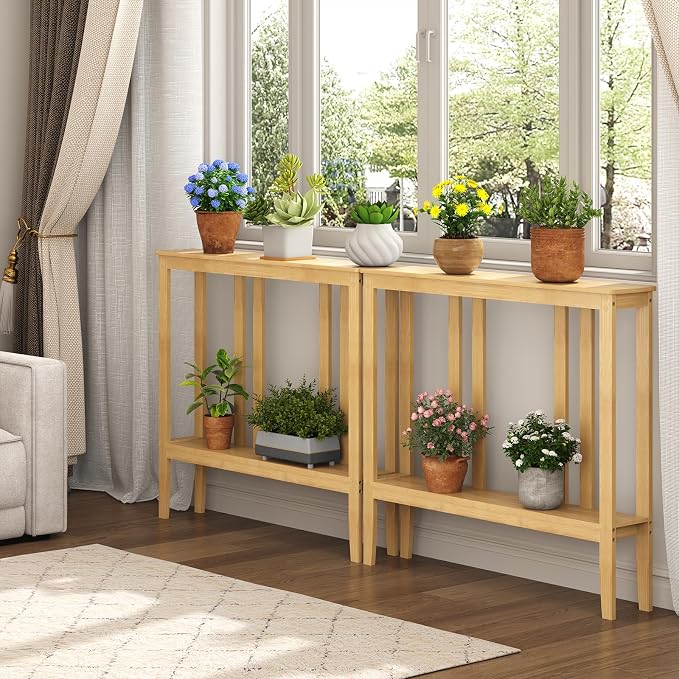 ELYKEN Bamboo 2-Tier Narrow Console Table, 36.2" Long Slim Sofa Table Behind Couch for Entryway, Hallway, Living Room, Natural