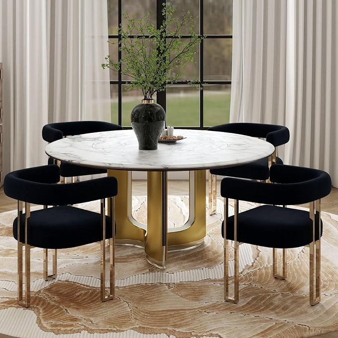 Hyfirm Set of 4 Black and Gold Modern Dining Chairs, Velvet Upholstered Barrel Armchairs with Metal Legs for Kitchen Island, Mid Century Accent Chairs for Dining Room Living Room, Open-Back