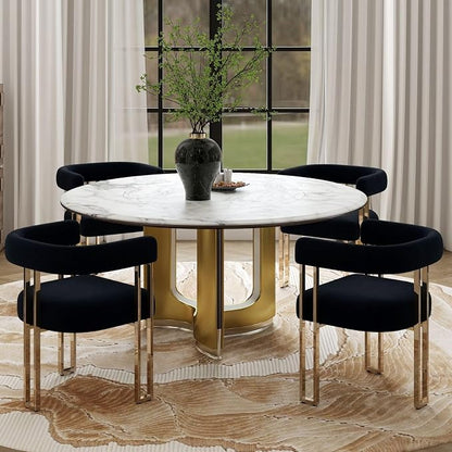 Hyfirm Set of 4 Black and Gold Modern Dining Chairs, Velvet Upholstered Barrel Armchairs with Metal Legs for Kitchen Island, Mid Century Accent Chairs for Dining Room Living Room, Open-Back
