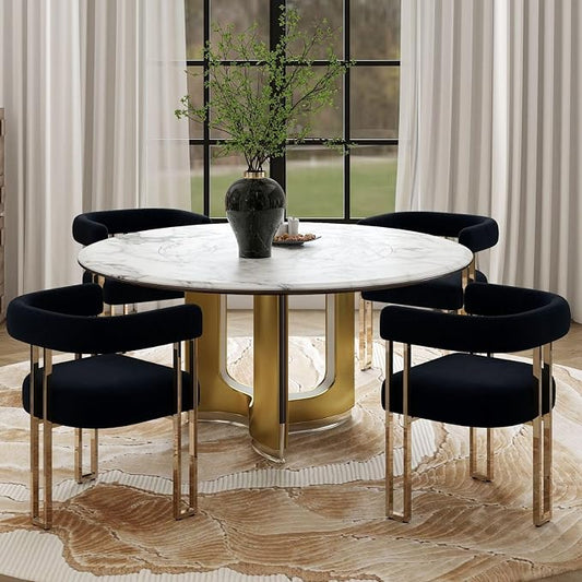 Hyfirm Set of 4 Black and Gold Modern Dining Chairs, Velvet Upholstered Barrel Armchairs with Metal Legs for Kitchen Island, Mid Century Accent Chairs for Dining Room Living Room, Open-Back