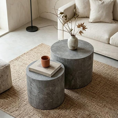 Nesting Round Coffee Table Set of 2, Accent End Table for Small Spaces, Morden Drum Side Table, Wooden Circle Center Table for Living Room, Fully Assembled - Gray