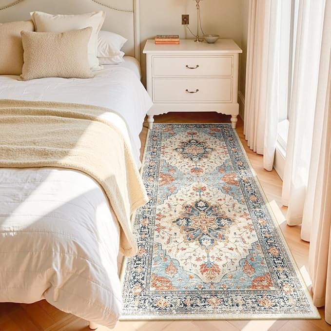 RELEANY Area Rugs Runner 3'x7' Washable Non-Slip, Floral Vintage Distress Medallion Carpet for Kitchen Hallway Bedroom Beside Laundry Room Bathroom, Beige Navy Blue Orange Colorful