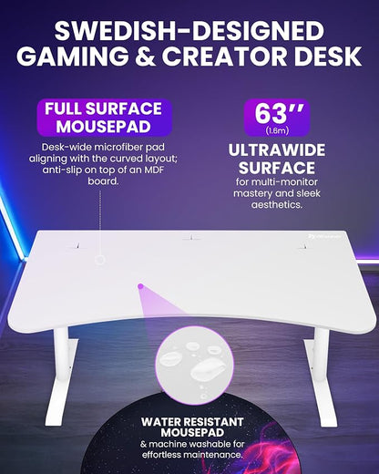 Arozzi Arena Large Gamer Desk - 63x32” Adjustable Height PC Gaming Desk with Storage for Cables & Triple-Monitor Support - Full-Surface Washable Mousepad - Pure White