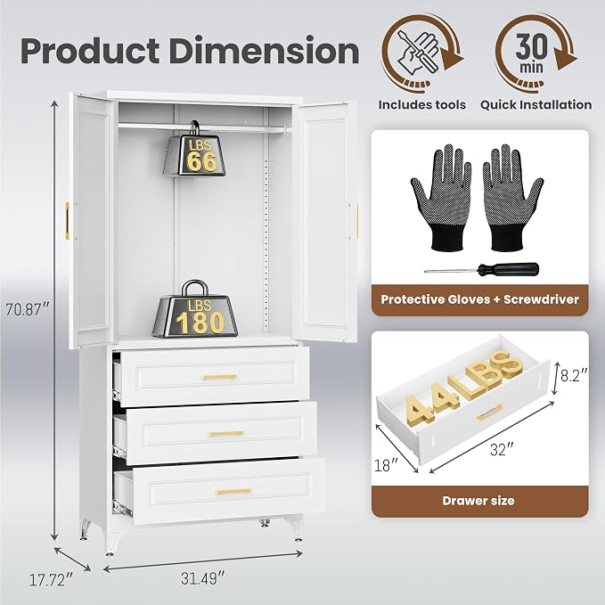 Metal Wardrobe Cabinets with 3 Drawers,White Armoire Wardrobe Closet with Hanging Rod,Clothes Storage Cabinet with Adjustable Shelves and Doors,Clothing Cabinet for Bedroom, Laundry Room,Office