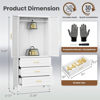Metal Wardrobe Cabinets with 3 Drawers,White Armoire Wardrobe Closet with Hanging Rod,Clothes Storage Cabinet with Adjustable Shelves and Doors,Clothing Cabinet for Bedroom, Laundry Room,Office