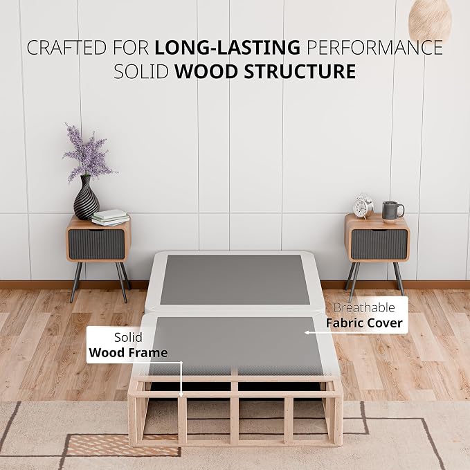 Nutan, 8-Inch Sturdy Wood Box Spring for Mattress Support - Durable and Fully Assembled, Natural Wood Foundation for Twin XL, White