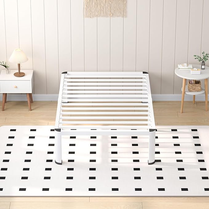 VIPSHOW 14 Inch White Twin Heavy Duty 3500 lbs Bed Frame with Round-Corner Legs & Anti-Squeak Design – Quick Assembly Metal Platform, No Box Spring Needed
