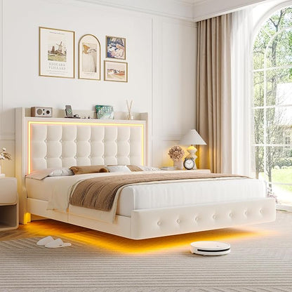 Keyluv Queen Floating Bed Frame with Storage Headboard, LED Lights & Charging Station Platform Bed, Soft Upholstered Velvet, USB/Type-C Ports, Easy Assembly, Beige