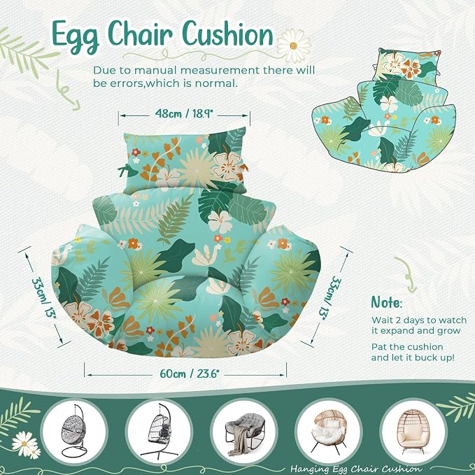 Waterproof Egg Chair Cushion Replacement 47x31.5x4.7 inch Thicken Hanging Egg Swing Chair Cushion Indoor Outdoor Wicker Rattan Hammock Basket Cushion with Headrest Pillow, Teal Floral Leaves