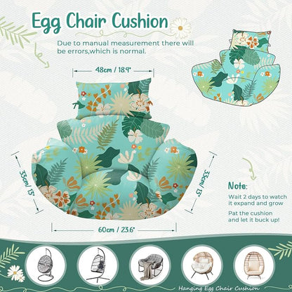 Waterproof Egg Chair Cushion Replacement 47x31.5x4.7 inch Thicken Hanging Egg Swing Chair Cushion Indoor Outdoor Wicker Rattan Hammock Basket Cushion with Headrest Pillow, Teal Floral Leaves