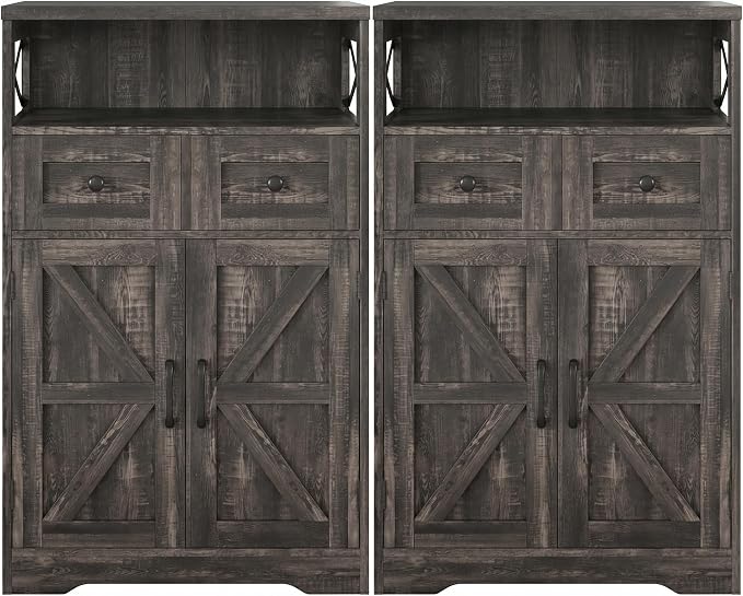 Dark Wood Grey Farmhouse Storage Cabinet Set of 2, Small Kitchen Pantry Cabinet with Drawers and Adjustable Shelf, Sideboard Buffet Coffee Bar Cabinet for Living Room/Dining Room/Bathroom/Home Office