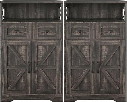Dark Wood Grey Farmhouse Storage Cabinet Set of 2, Small Kitchen Pantry Cabinet with Drawers and Adjustable Shelf, Sideboard Buffet Coffee Bar Cabinet for Living Room/Dining Room/Bathroom/Home Office