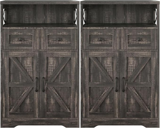 Dark Wood Grey Farmhouse Storage Cabinet Set of 2, Small Kitchen Pantry Cabinet with Drawers and Adjustable Shelf, Sideboard Buffet Coffee Bar Cabinet for Living Room/Dining Room/Bathroom/Home Office