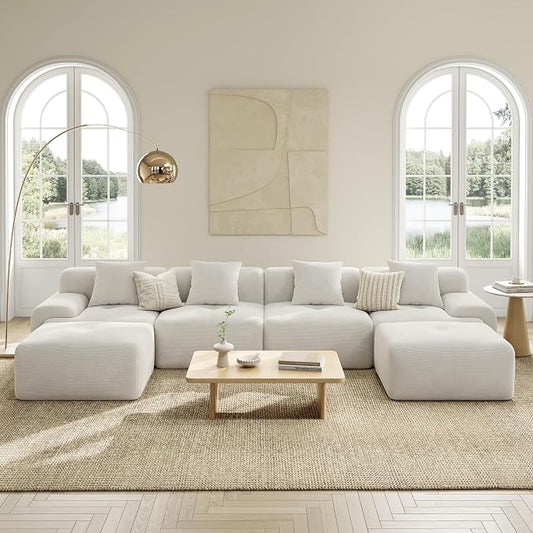LIKIMIO LumiCord 153.5" Tufted Modular Sectional Sofa, Modern U-Shaped Boneless Couch for Living Room, 26.8" Deep Seat, 18.1" High Seating, 15" Wide Armrest, Corduroy, Oatmeal Beige