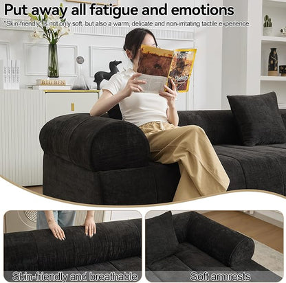 119'' Curved Boneless Sofa Couch, 3 Seat Cloud L Shaped Deep Seat Couches for Living Room, No Assembly Modular Sofa with Right Chaise Lounge, Black