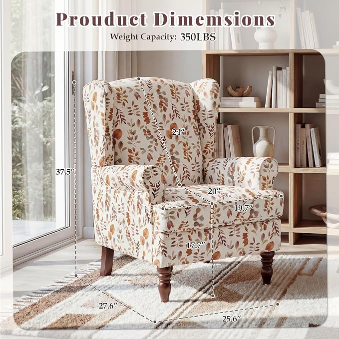 EROMMY Floral Accent Chair, Comfortable High Back Upholstered Armchair with Solid Wood Legs, Leisure Single Sofa Chair for Living Room, Home Office, Bedroom, Orange Floral